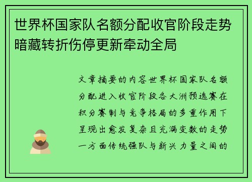 世界杯国家队名额分配收官阶段走势暗藏转折伤停更新牵动全局